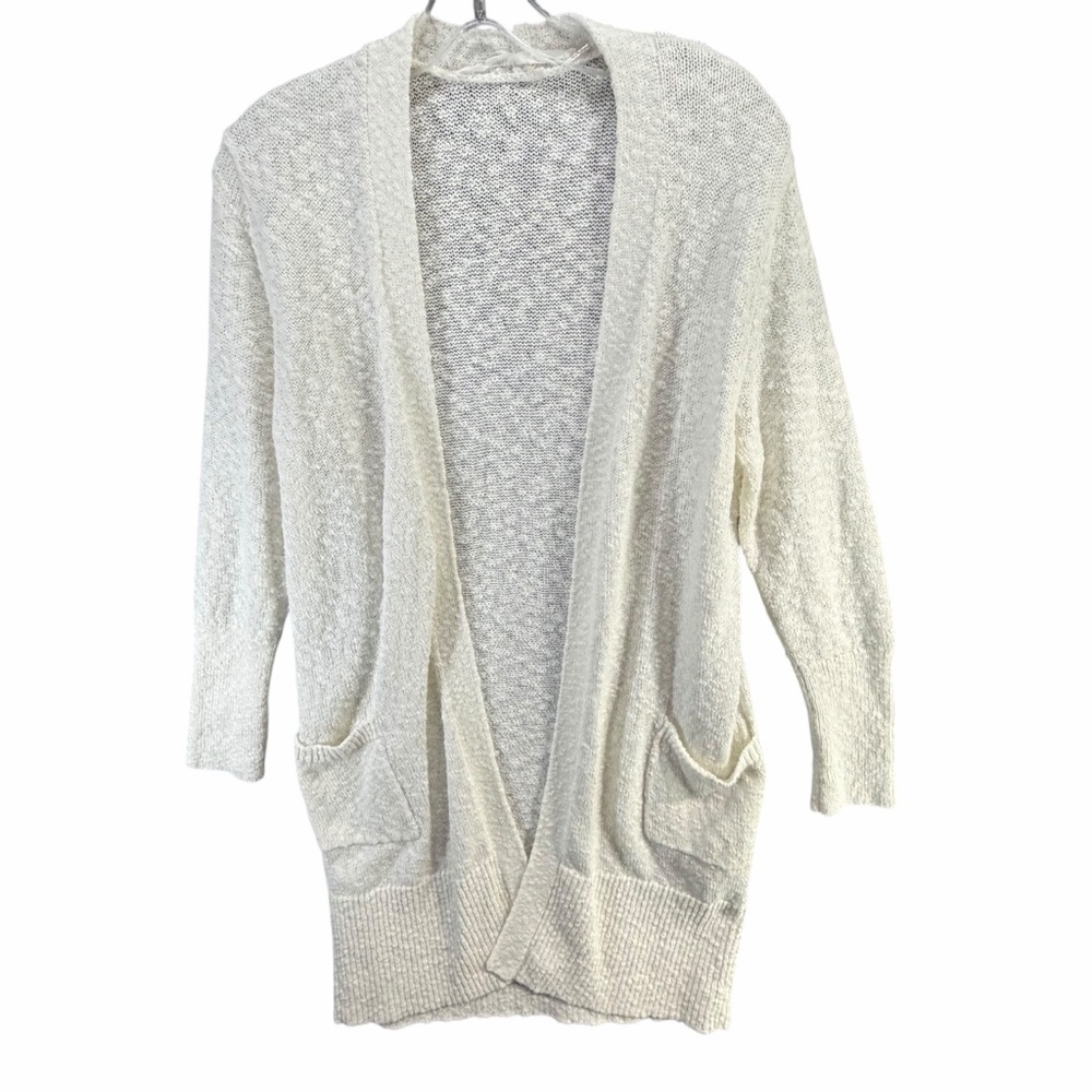 Athleta Weekend Wrap Cardigan Sweater Womens L Off White Pocket Relaxed‎ Slubby